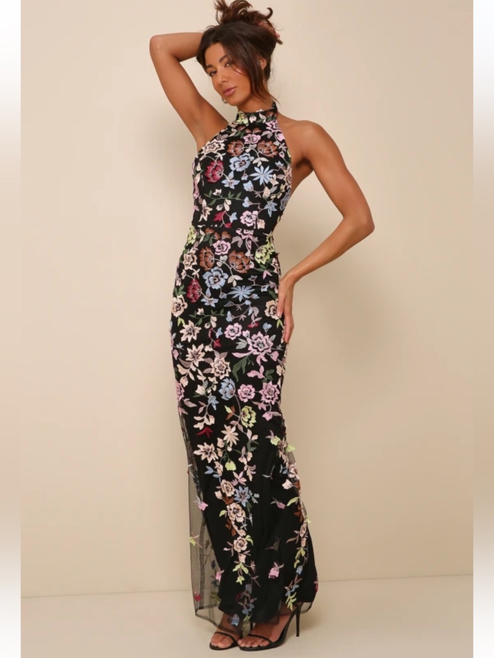 NWT Lulus Infinite Praise Black 3D Floral Embroidered Halter Maxi Dress